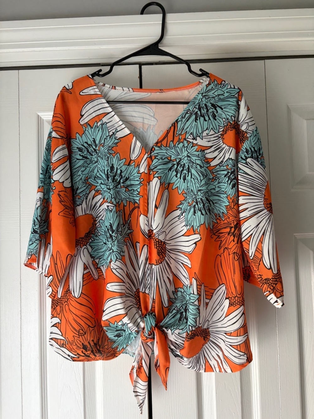Amazon Orange Floral Tie-Front Blouse with Teal Accents